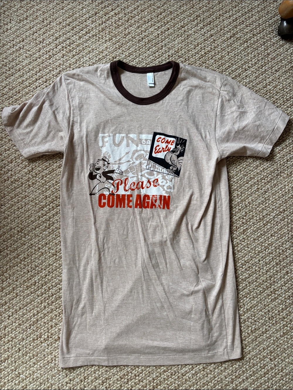 Please Come Again Graphic Ringer T-Shirt - Beige with Dark Brown Trim